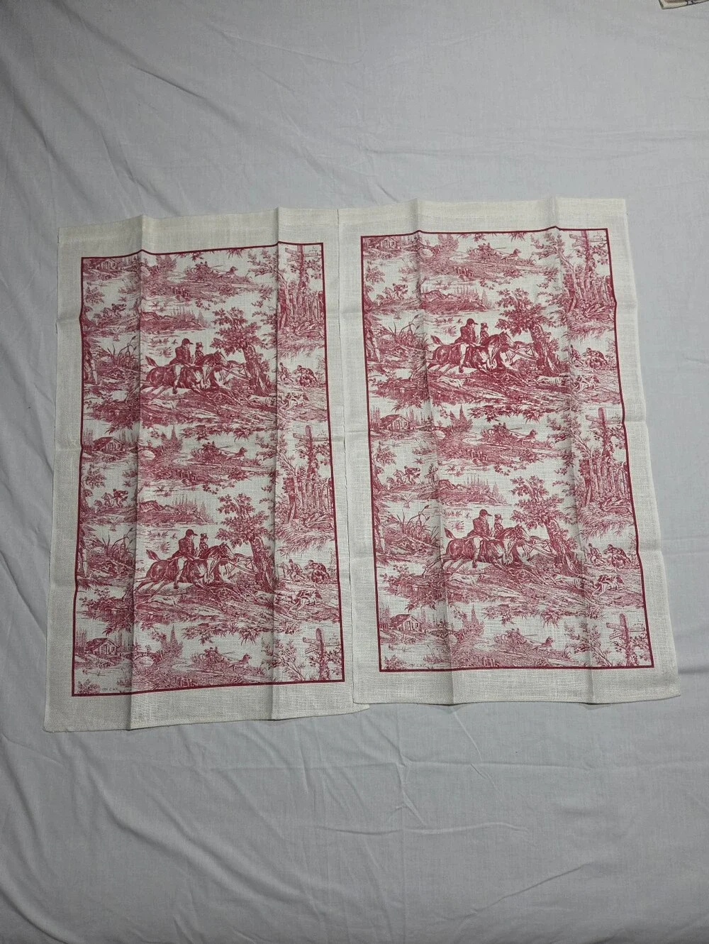 Vintage CWF Red Toile de Jouy Linen Tea Towels Set of 2